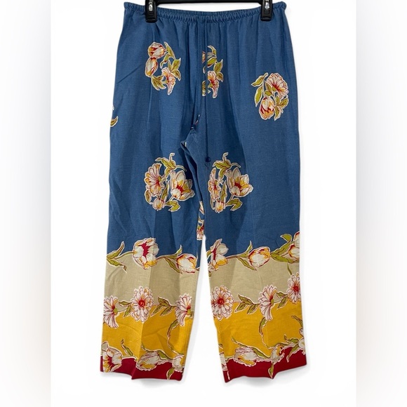 Ruby Rd. Pants - Ruby Rd Floral Linen Blend Wide Leg Pants Blue Yellow Boho Resort Size 10